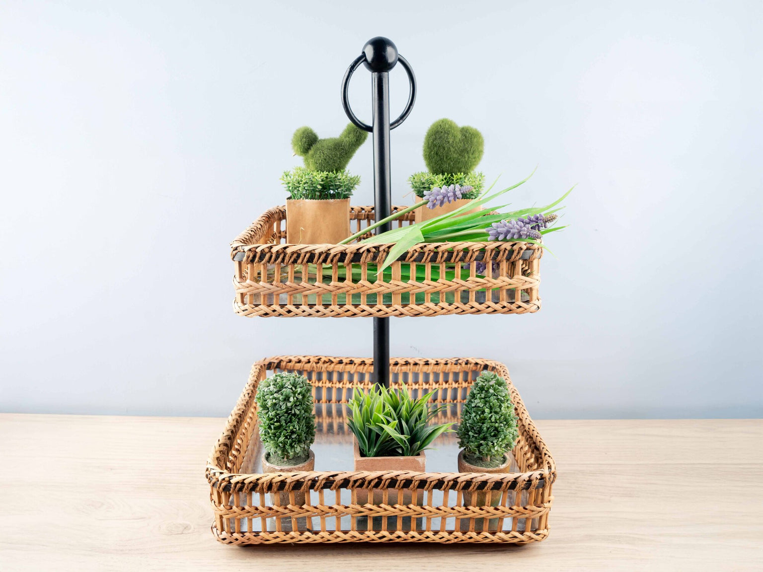 Square Metal &amp; Bamboo 2-Tier Tray