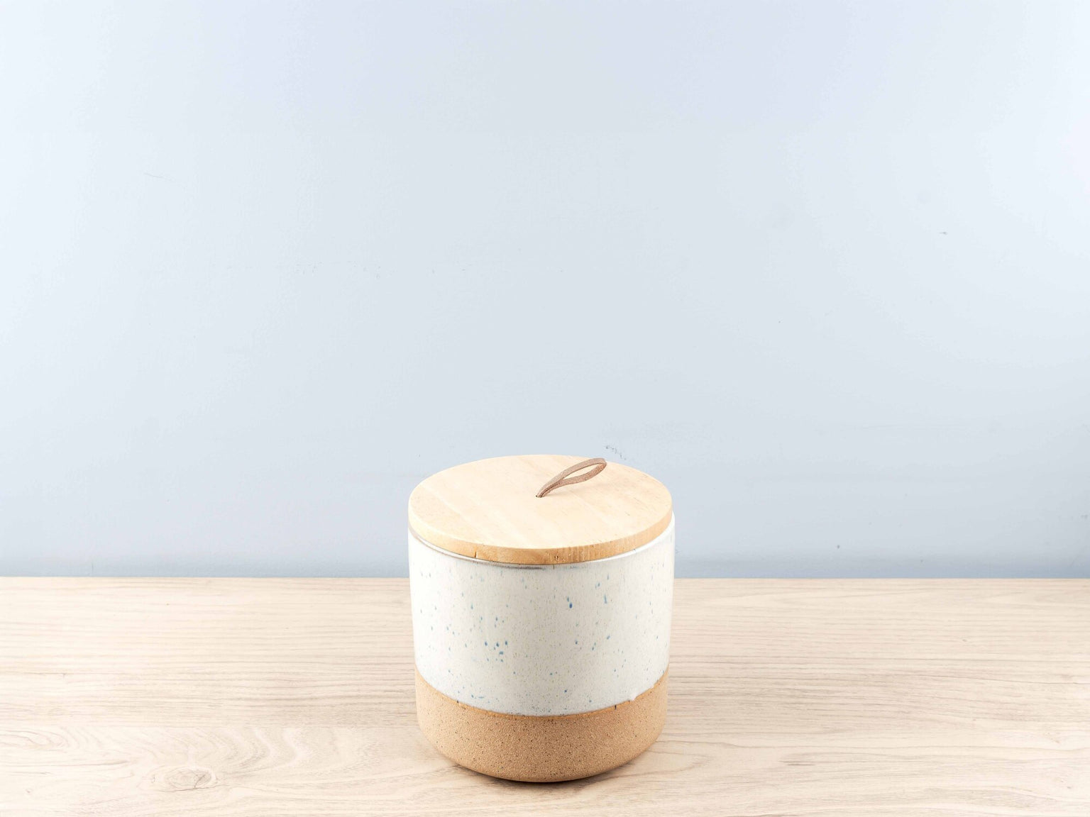 Stoneware Jar w/ Wood Lid &amp; Leather Loop, Cream