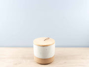 Stoneware Jar w/ Wood Lid & Leather Loop, Cream