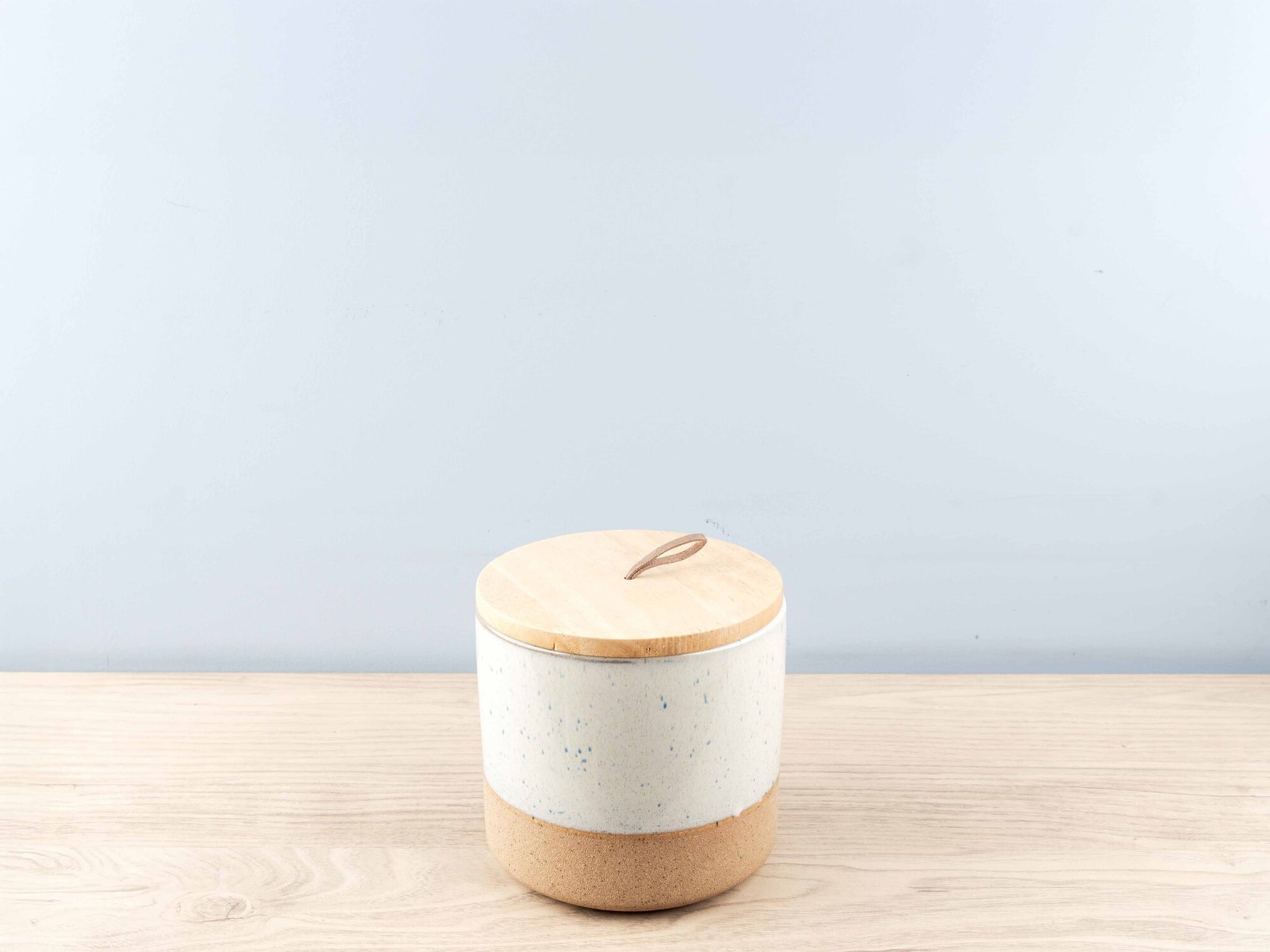 Stoneware Jar w/ Wood Lid &amp; Leather Loop, Cream