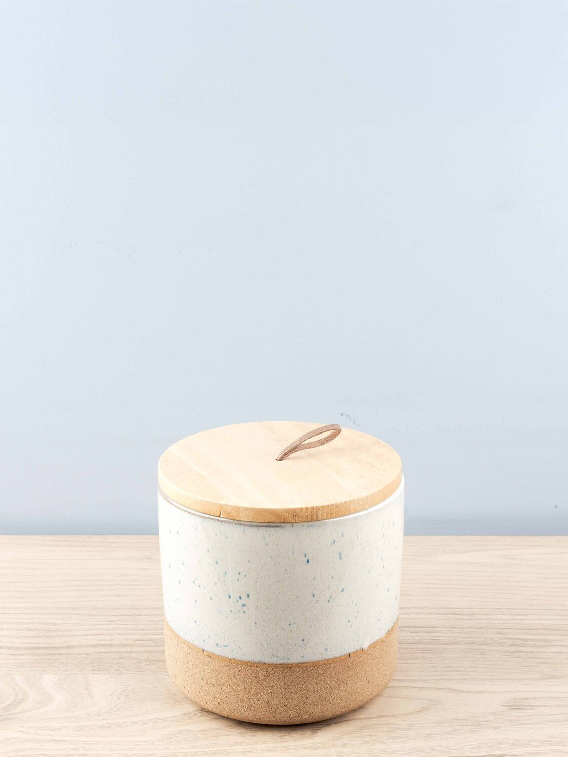 Stoneware Jar w/ Wood Lid & Leather Loop, Cream