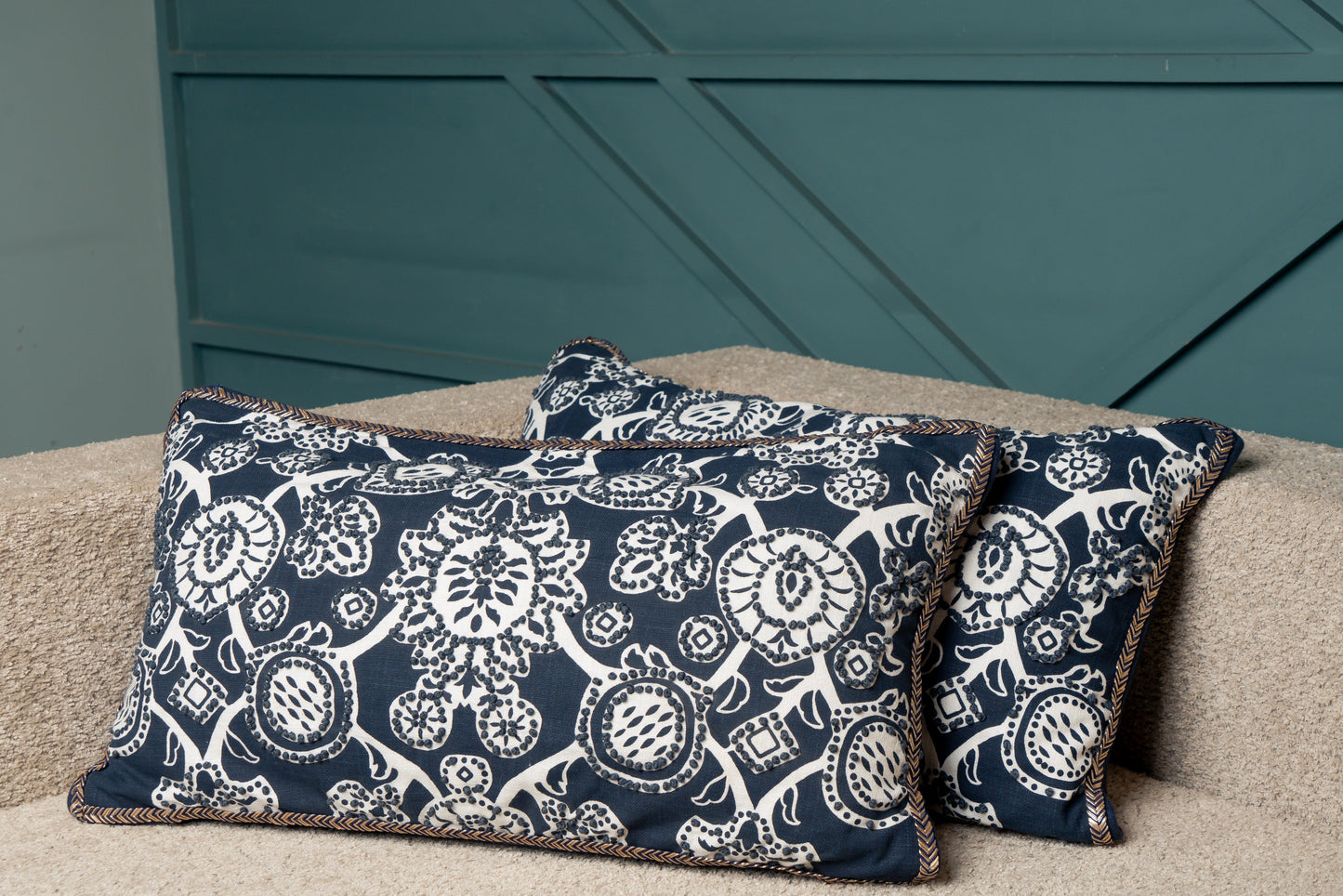 Navy Emb  Cushions Set of 2