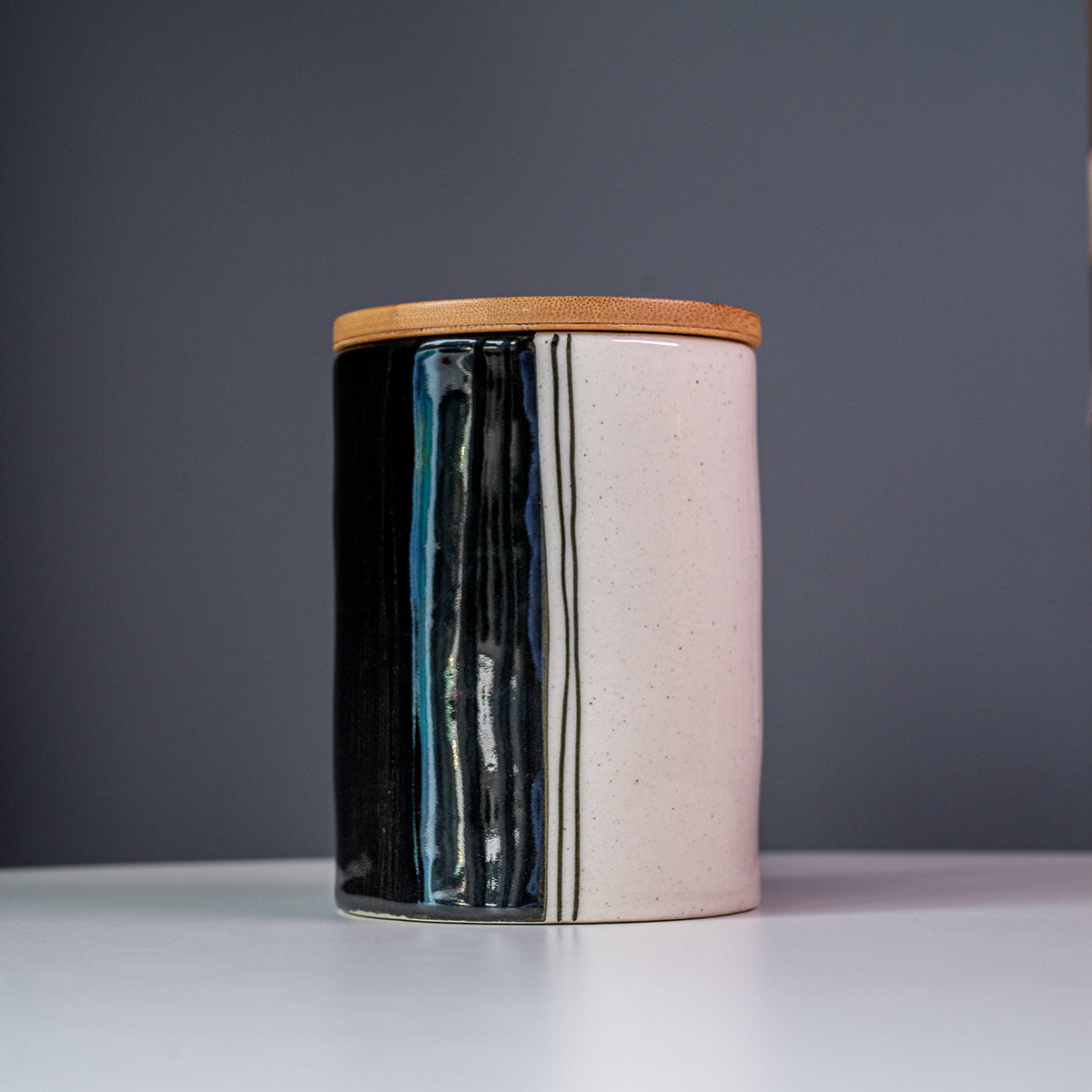Hand-Painted Stoneware Canister White / Bamboo Lid