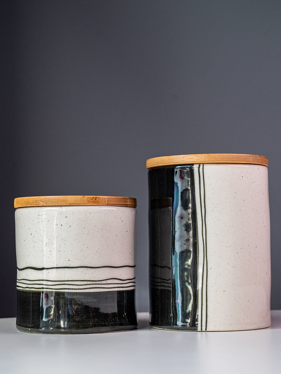 Hand-Painted Stoneware Canister White / Bamboo Lid