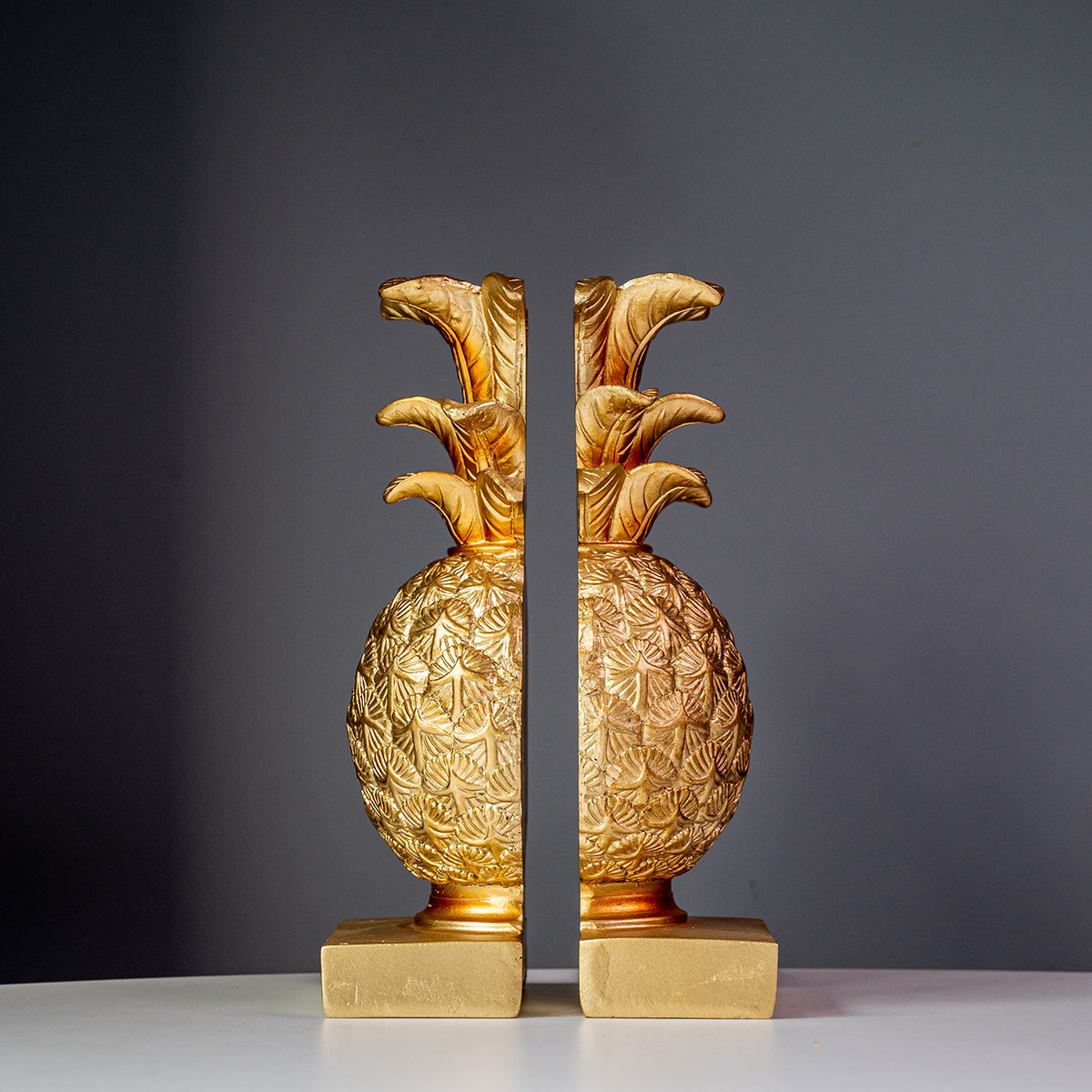 Resin Pineapple Bookends, Distressed Gold Finish, Set of 2