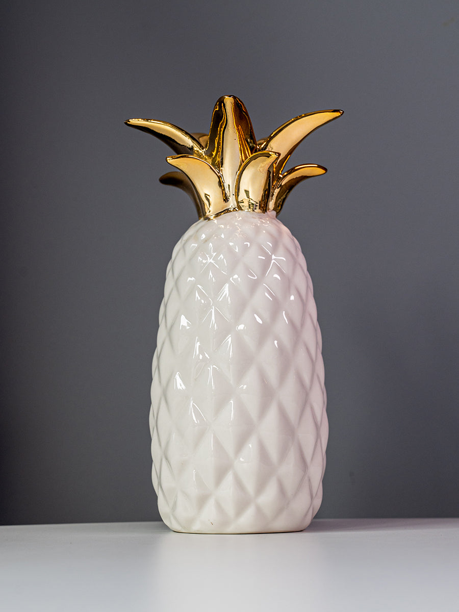 Stoneware Pineapple Vase, White / Gold Electroplated Finish
