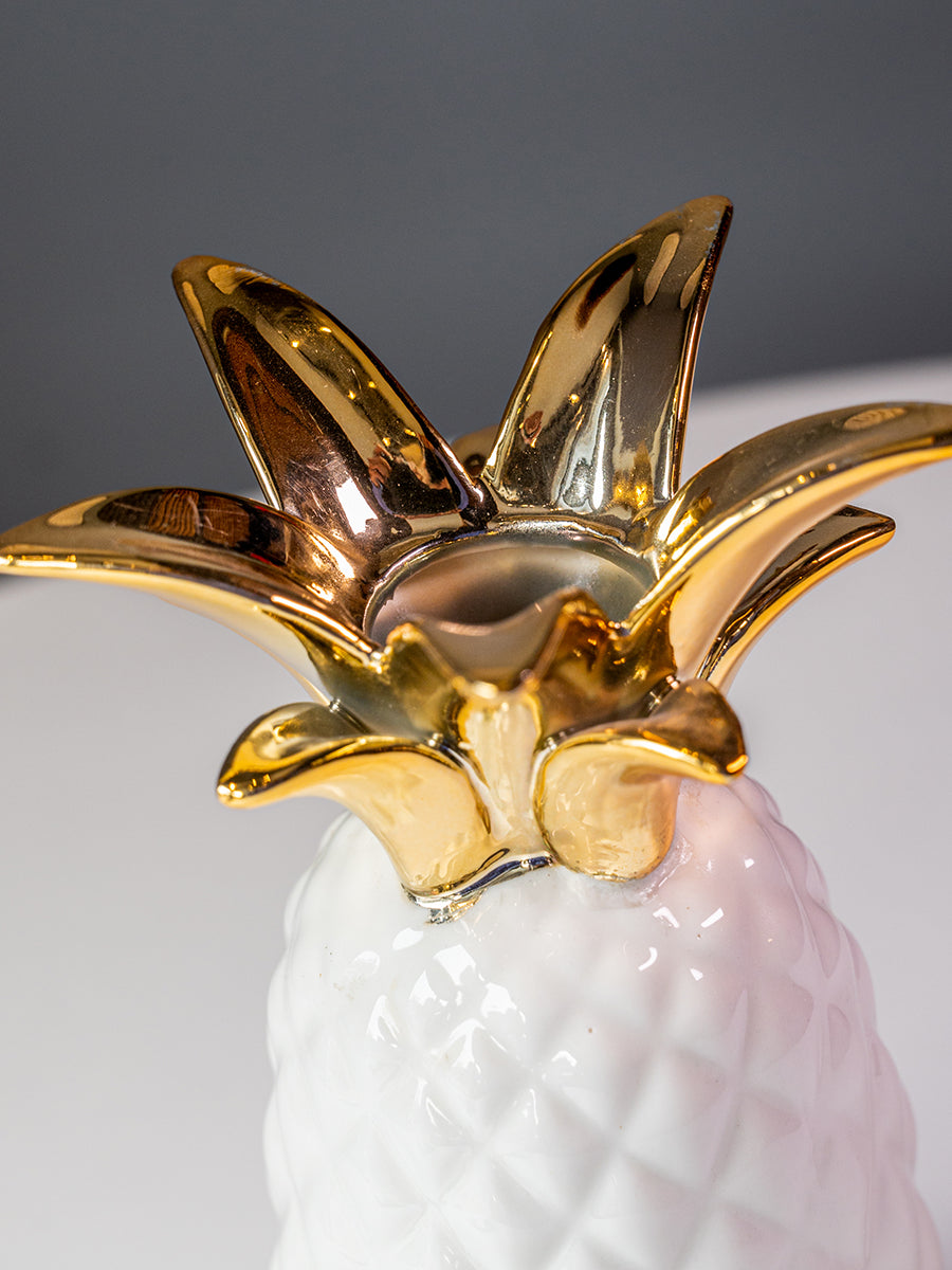 Stoneware Pineapple Vase, White / Gold Electroplated Finish