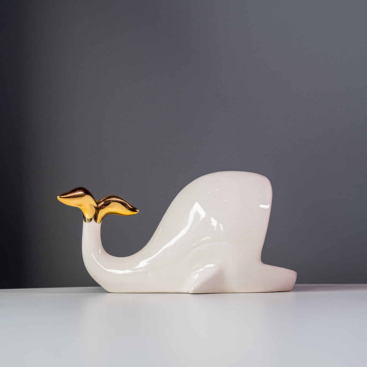 Stoneware Whale Shaped Jewelry Holder, Gold & White