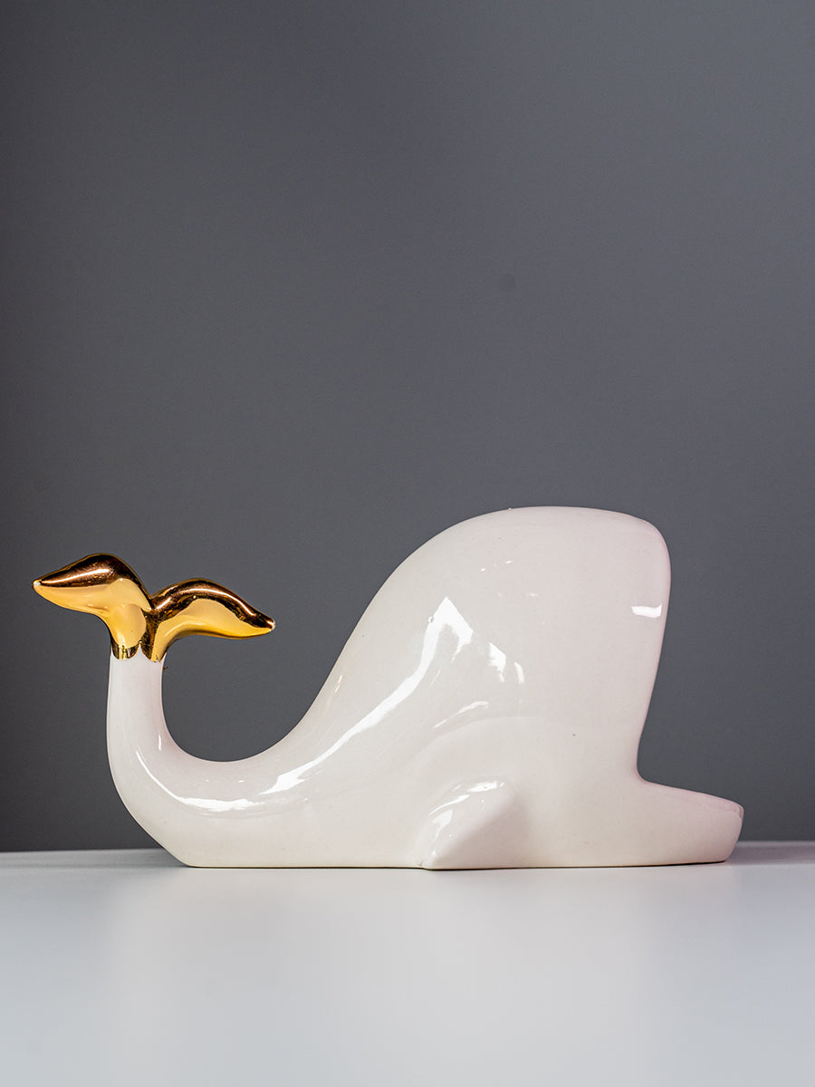 Stoneware Whale Shaped Jewelry Holder, Gold & White