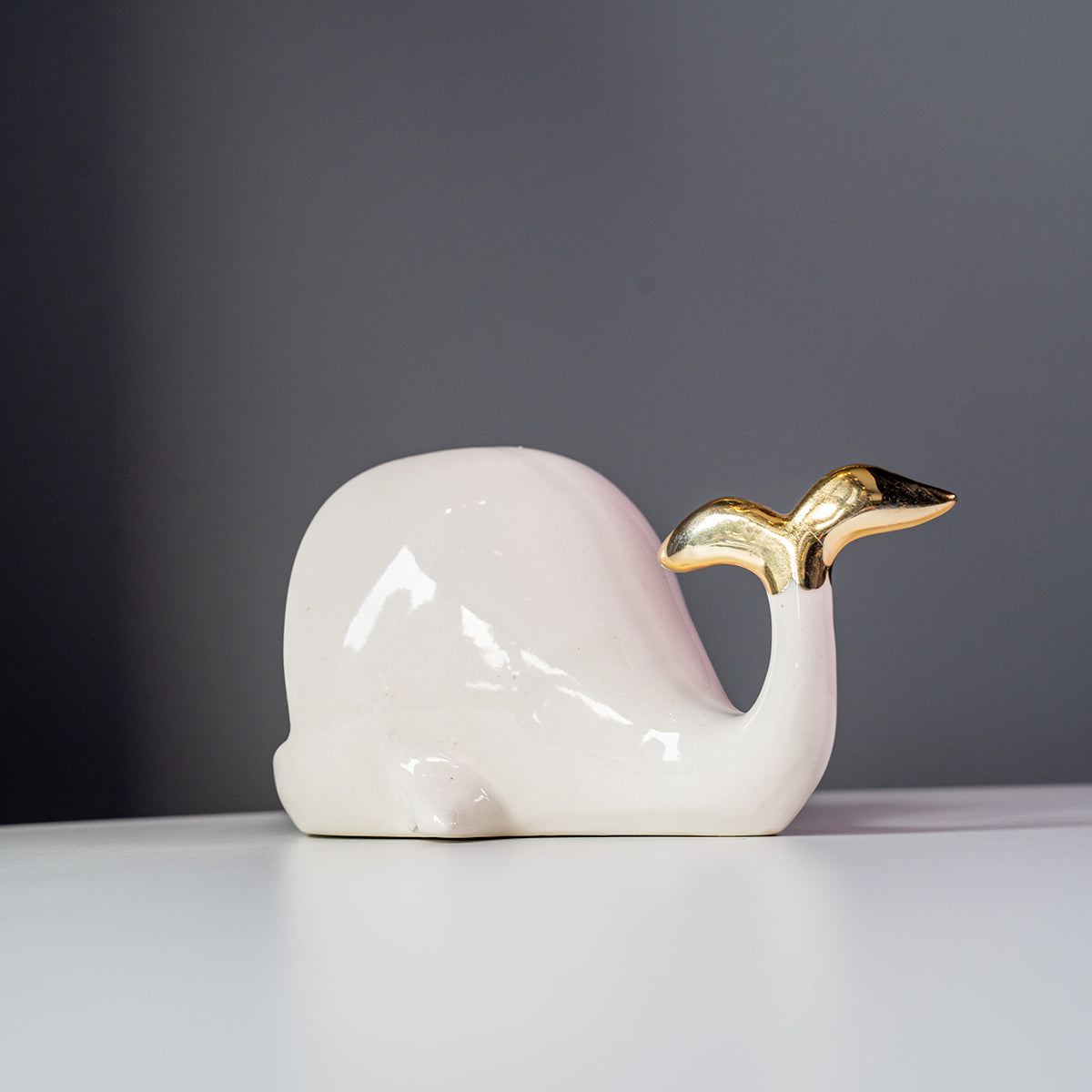 Stoneware Whale Shaped Jewelry Holder, Gold & White
