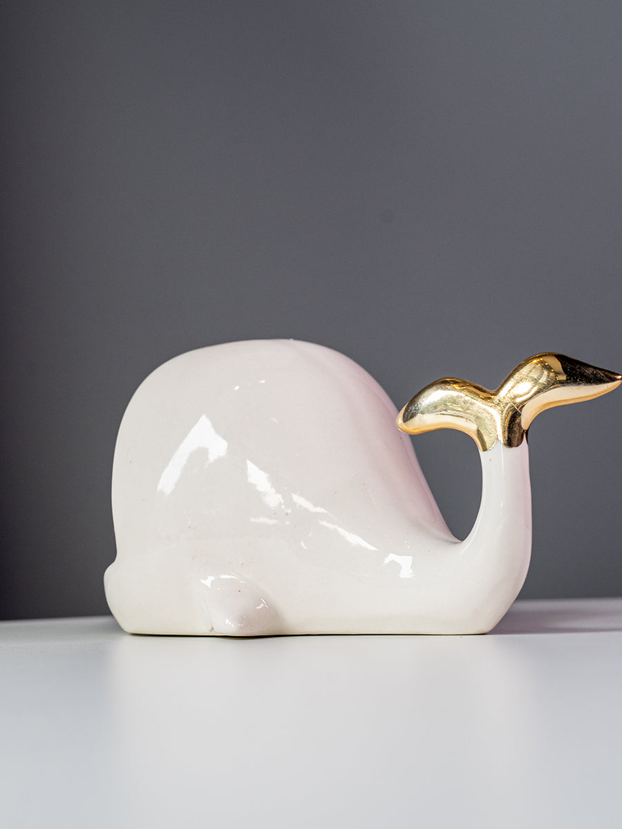 Stoneware Whale Shaped Jewelry Holder, Gold & White