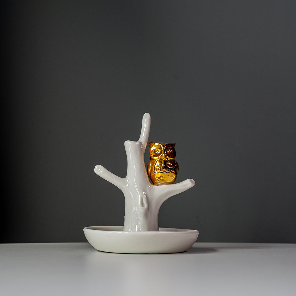 Porcelain Ring Holder White / Gold Owl