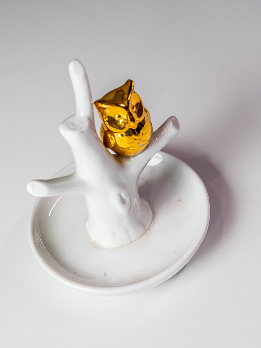 Porcelain Ring Holder White / Gold Owl