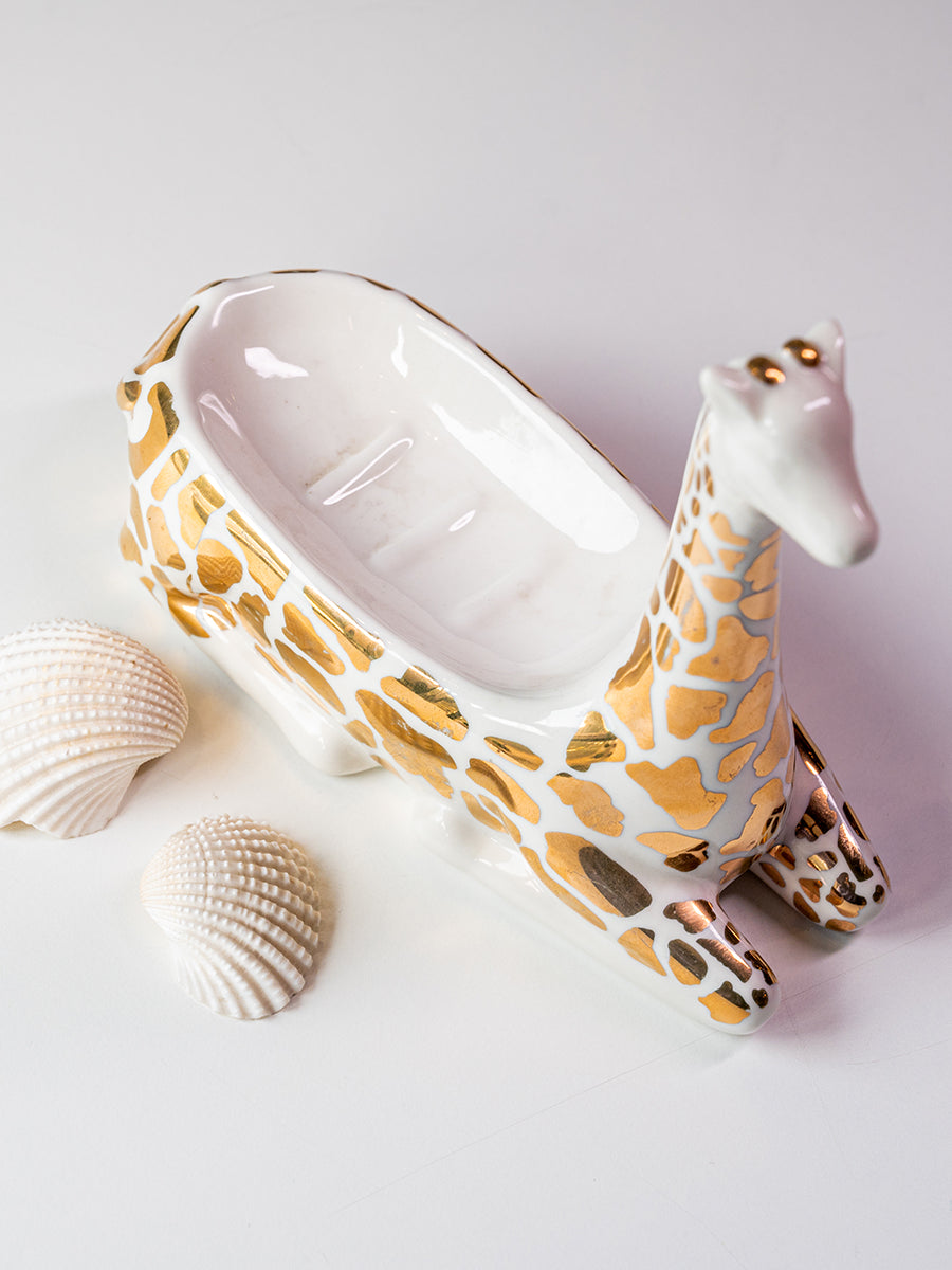 Stoneware Giraffe Shaped Soap Dish, Gold & White