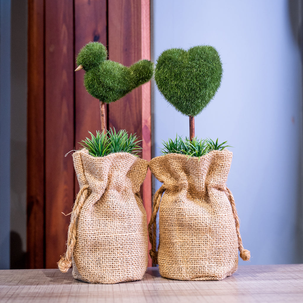 Heart/Bird Faux Greenery in Fiber Wrapped Pot in Pair