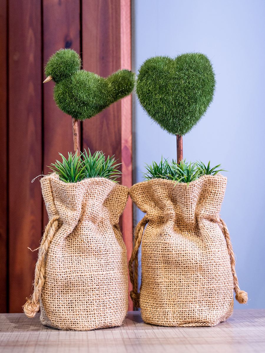 Heart/Bird Faux Greenery in Fiber Wrapped Pot in Pair