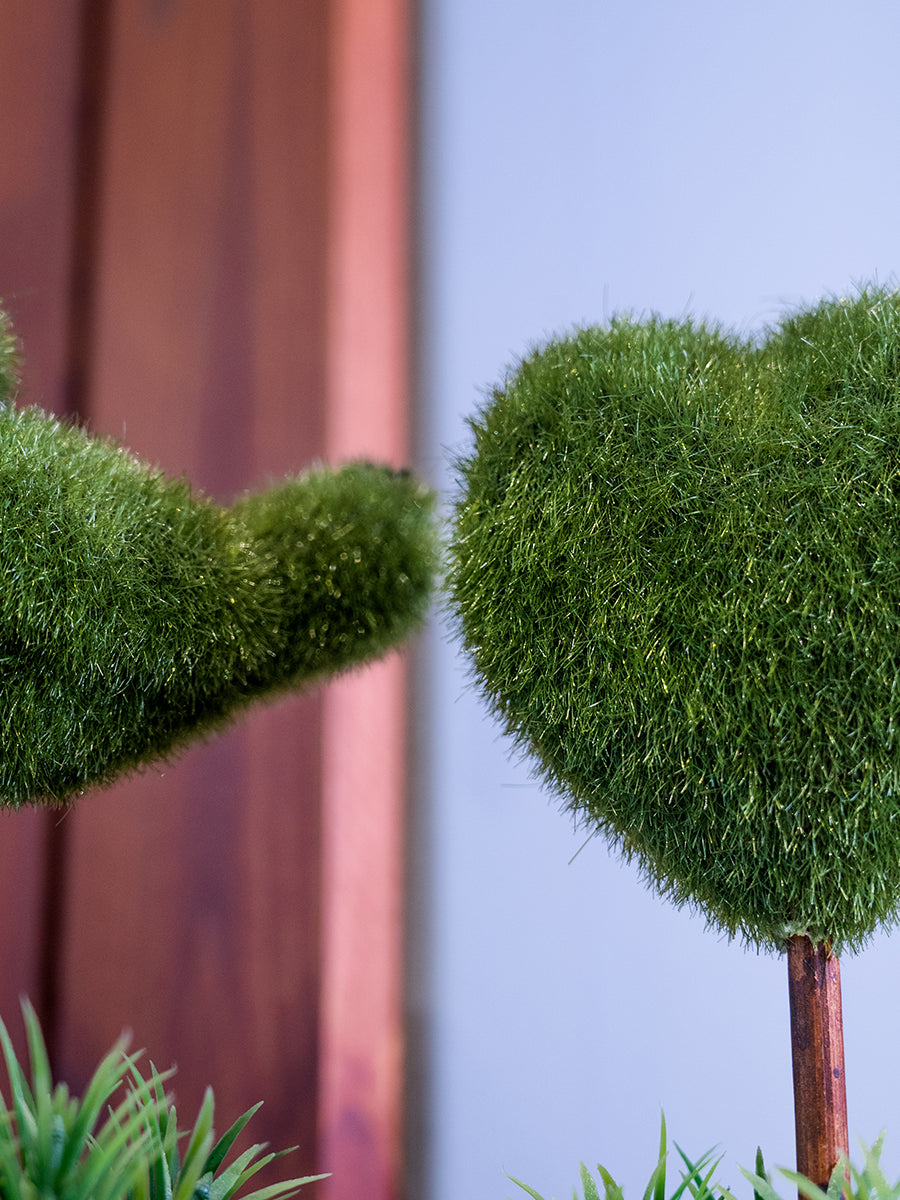 Heart/Bird Faux Greenery in Fiber Wrapped Pot in Pair