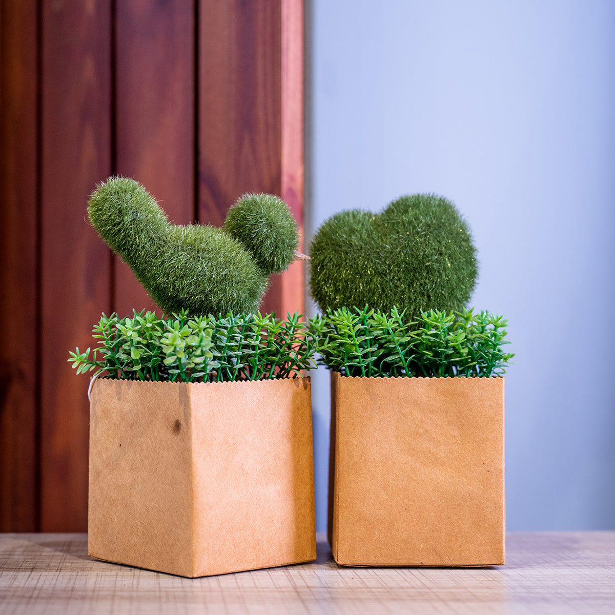 Heart/Bird Faux Greenery in Paper Pot in Pair