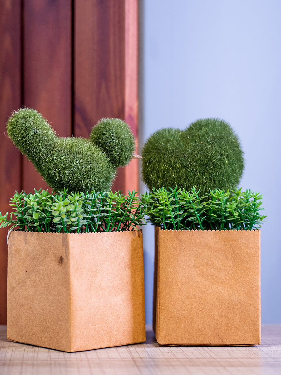 Heart/Bird Faux Greenery in Paper Pot in Pair