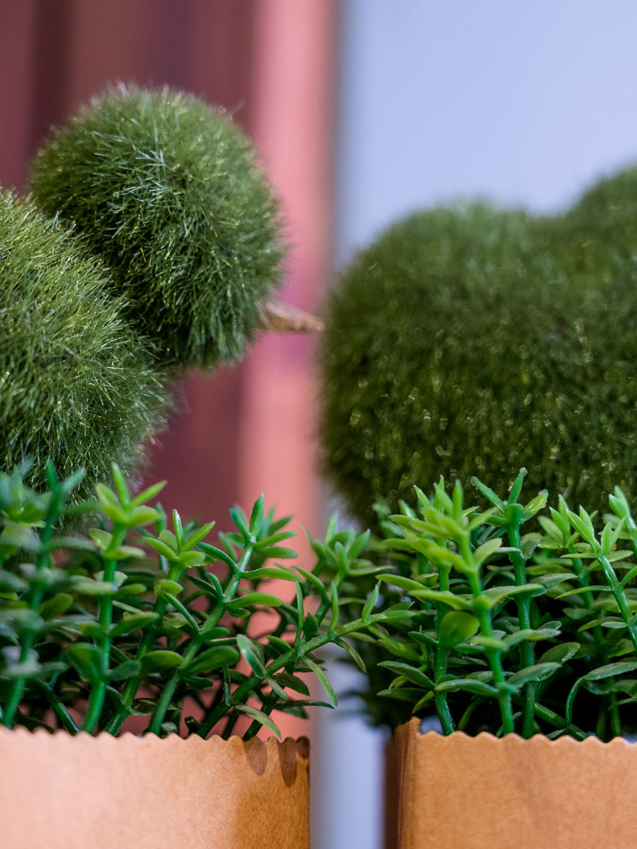 Heart/Bird Faux Greenery in Paper Pot in Pair