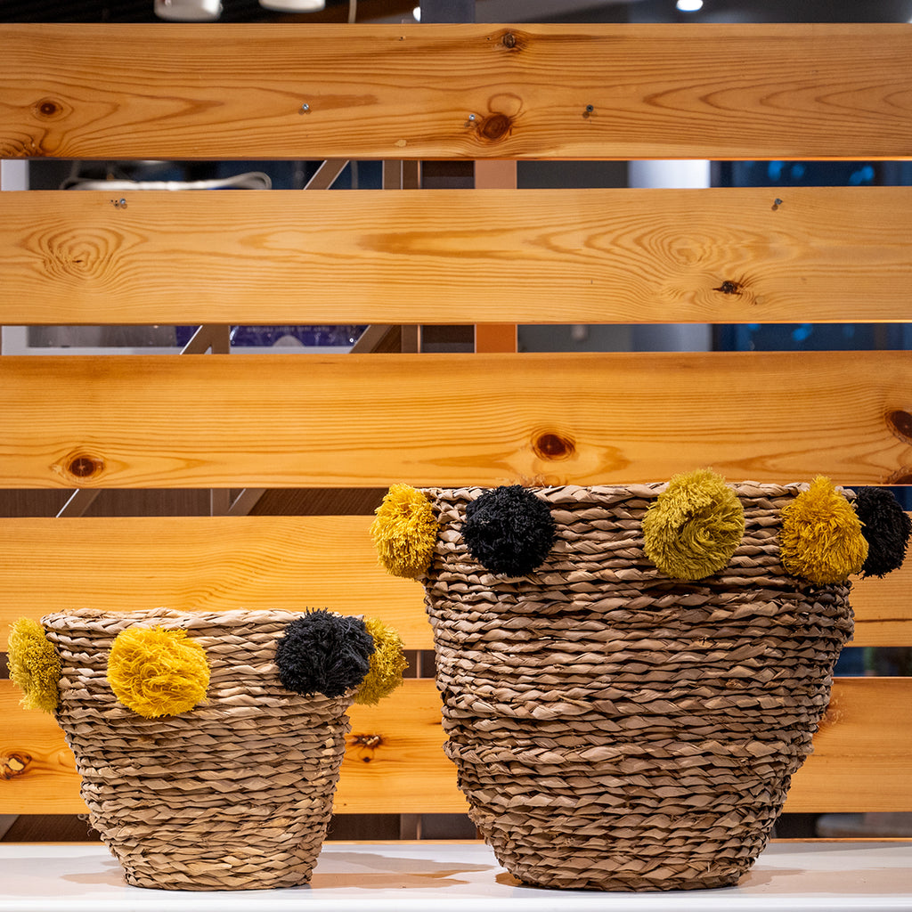 Natural Seagrass Baskets w/ Yellow &amp; Black Pom Poms, Set of 2