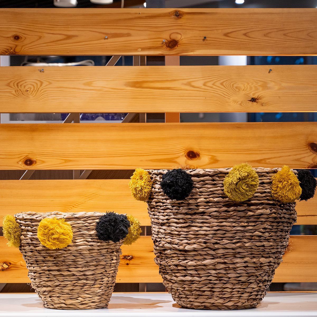 Natural Seagrass Baskets w/ Yellow &amp; Black Pom Poms, Set of 2
