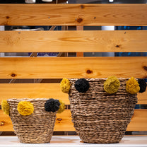 Natural Seagrass Baskets w/ Yellow &amp; Black Pom Poms, Set of 2
