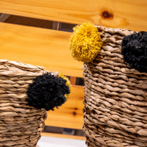 Natural Seagrass Baskets w/ Yellow &amp; Black Pom Poms, Set of 2
