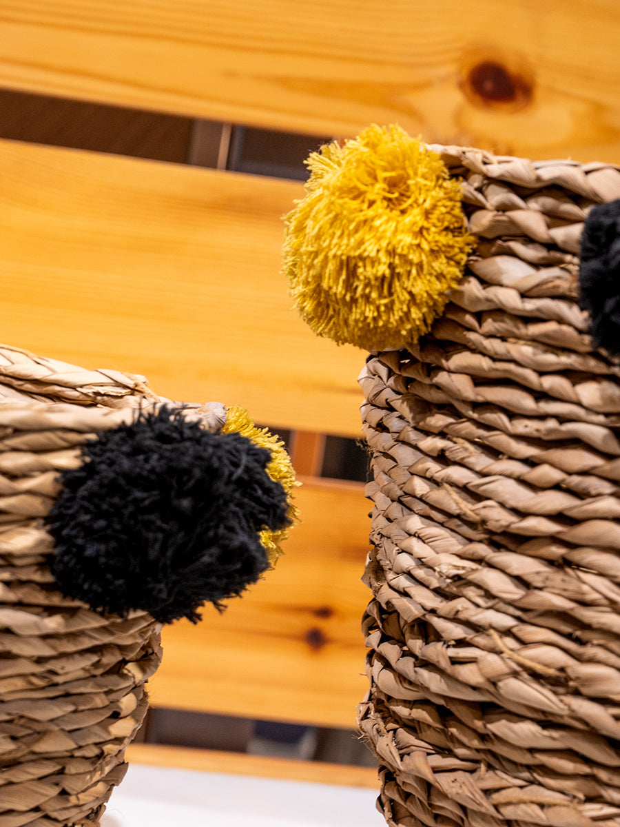 Natural Seagrass Baskets w/ Yellow & Black Pom Poms, Set of 2