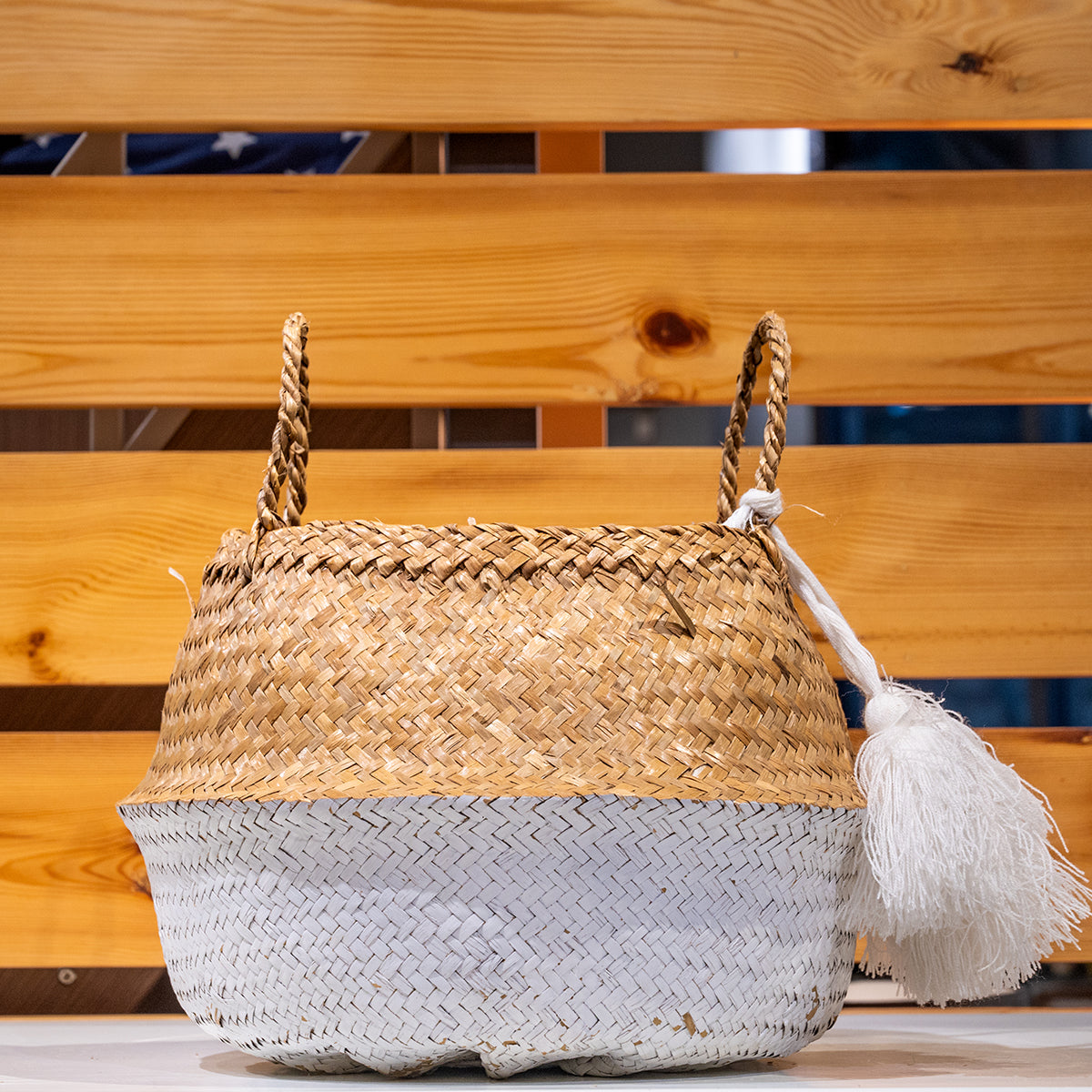 Painted Palm Leaf Collapsible Baskets, White w/ Tassel, Set of 2