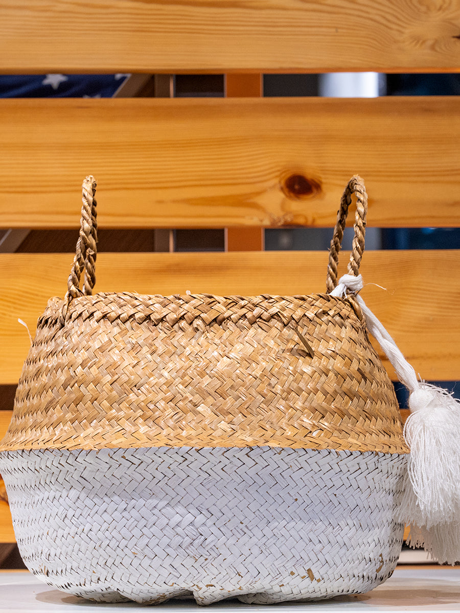 Painted Palm Leaf Collapsible Baskets, White w/ Tassel, Set of 2