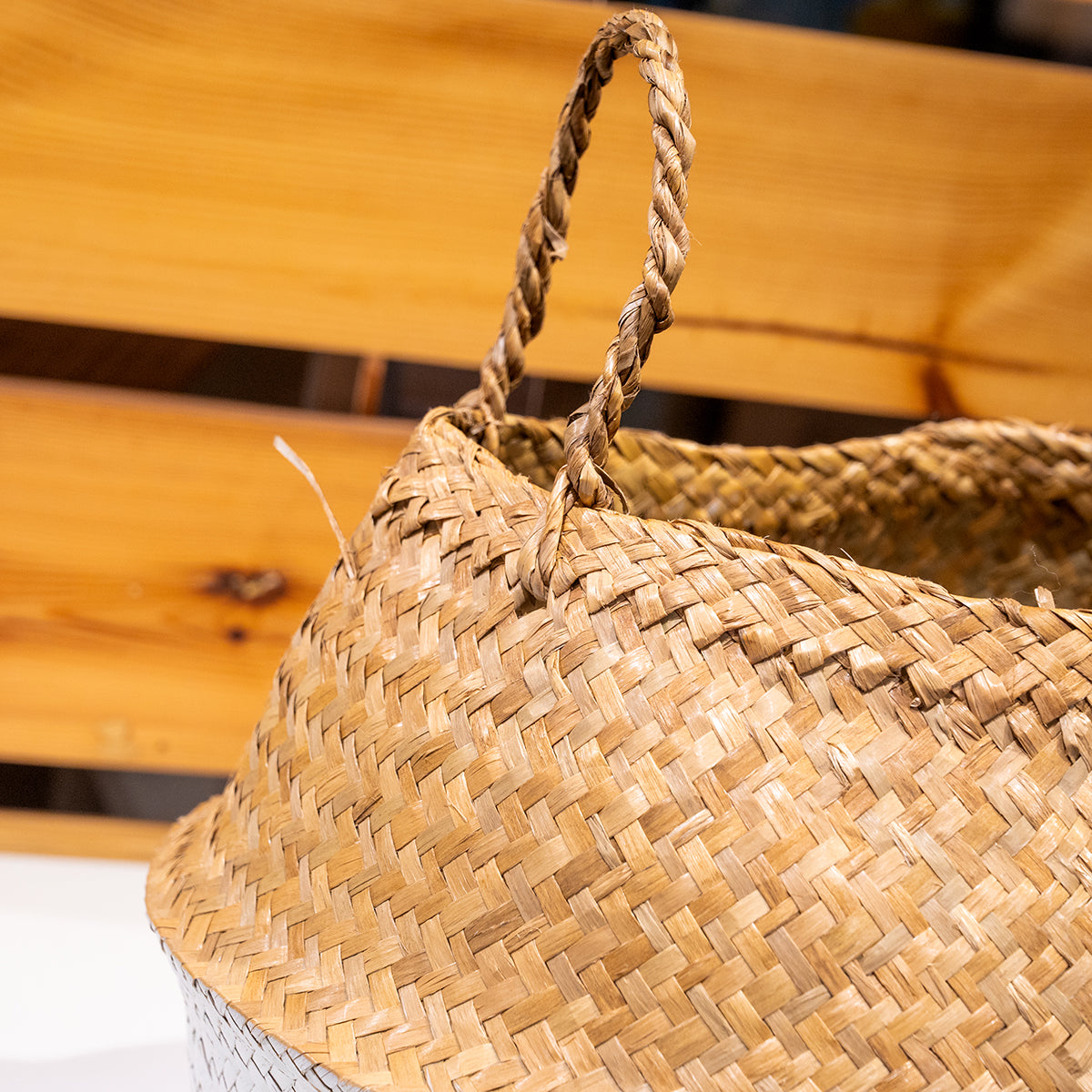 Painted Palm Leaf Collapsible Baskets, White w/ Tassel, Set of 2