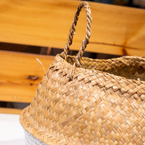 Painted Palm Leaf Collapsible Baskets, White w/ Tassel, Set of 2