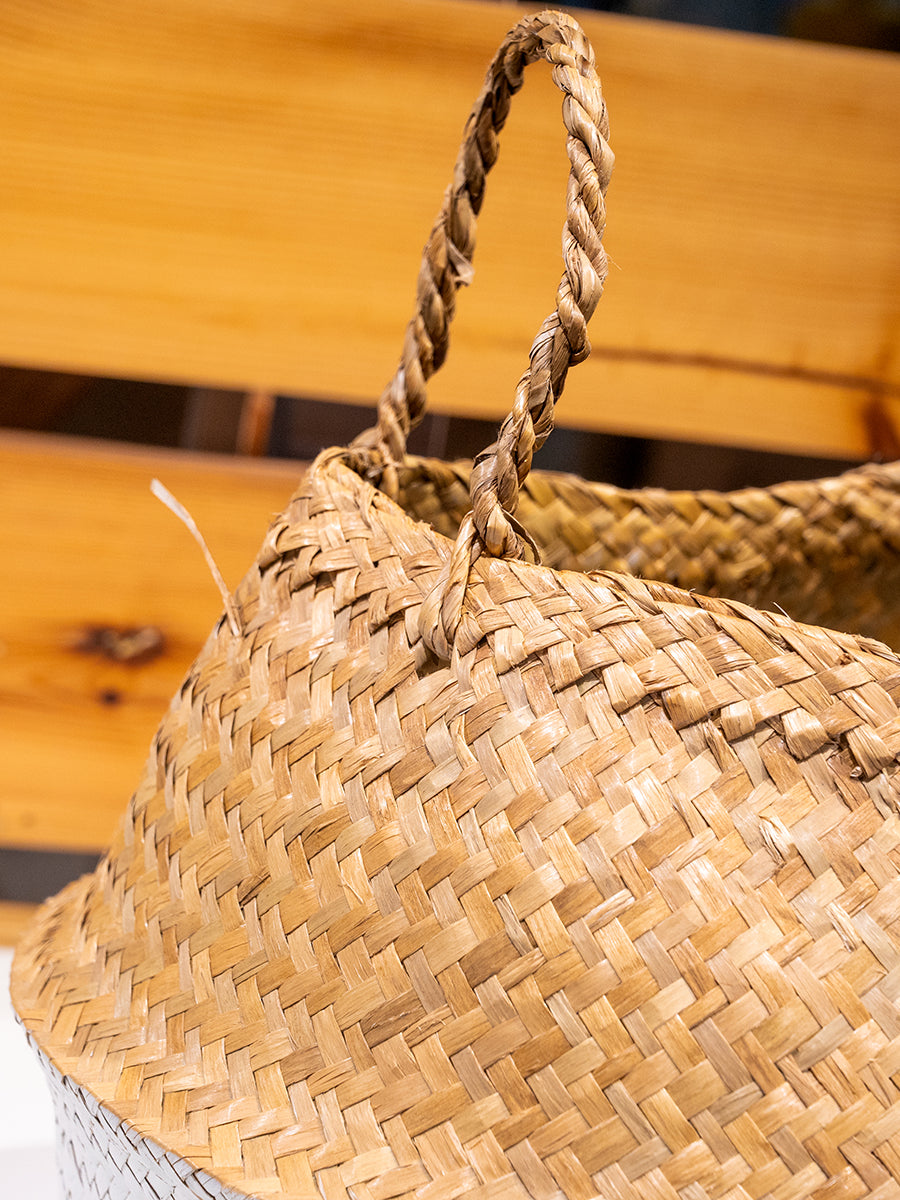 Painted Palm Leaf Collapsible Baskets, White w/ Tassel, Set of 2
