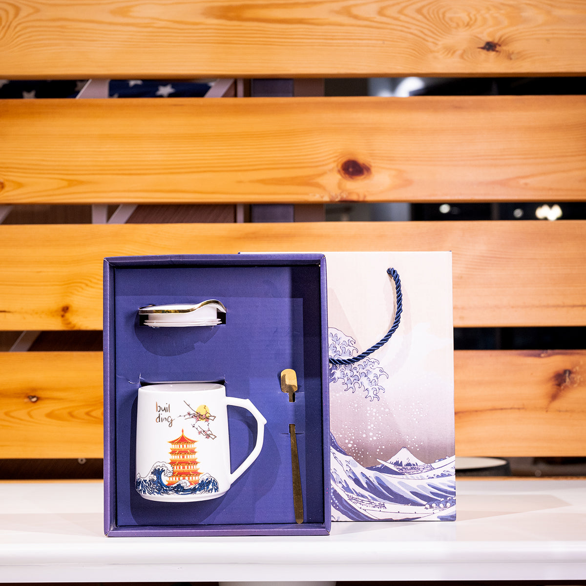 Ceramic Mug w/ Lid &amp; Spoon in Color Box, Set of 3