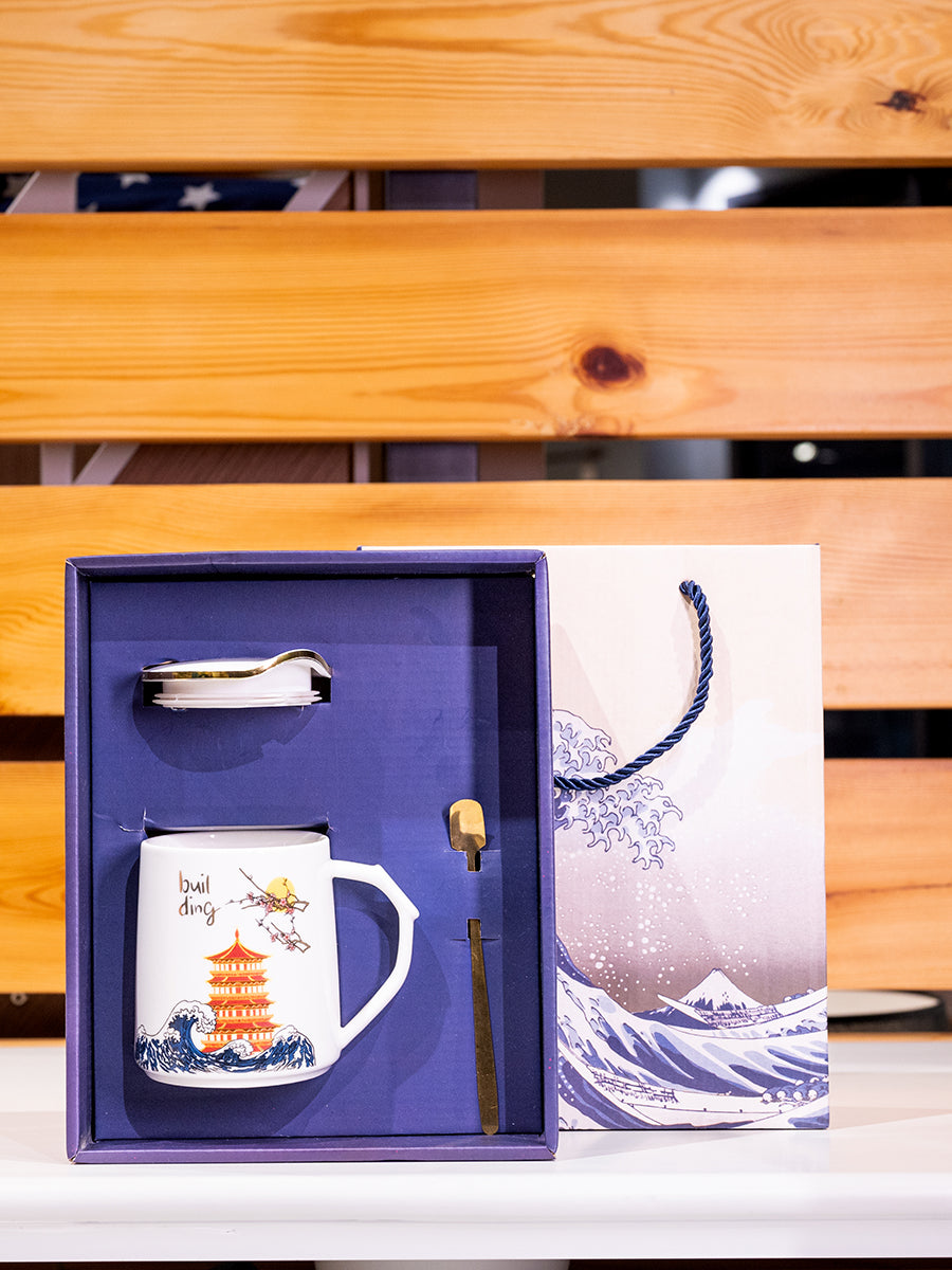 Ceramic Mug w/ Lid & Spoon in Color Box, Set of 3