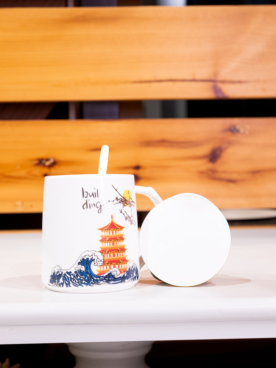 Ceramic Mug w/ Lid & Spoon in Color Box, Set of 3