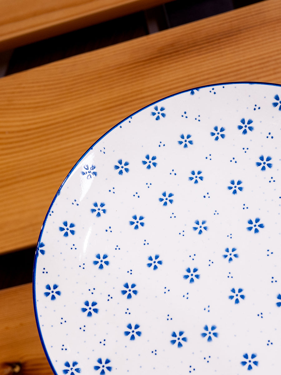Stoneware Plate w/ Floral Pattern, Blue