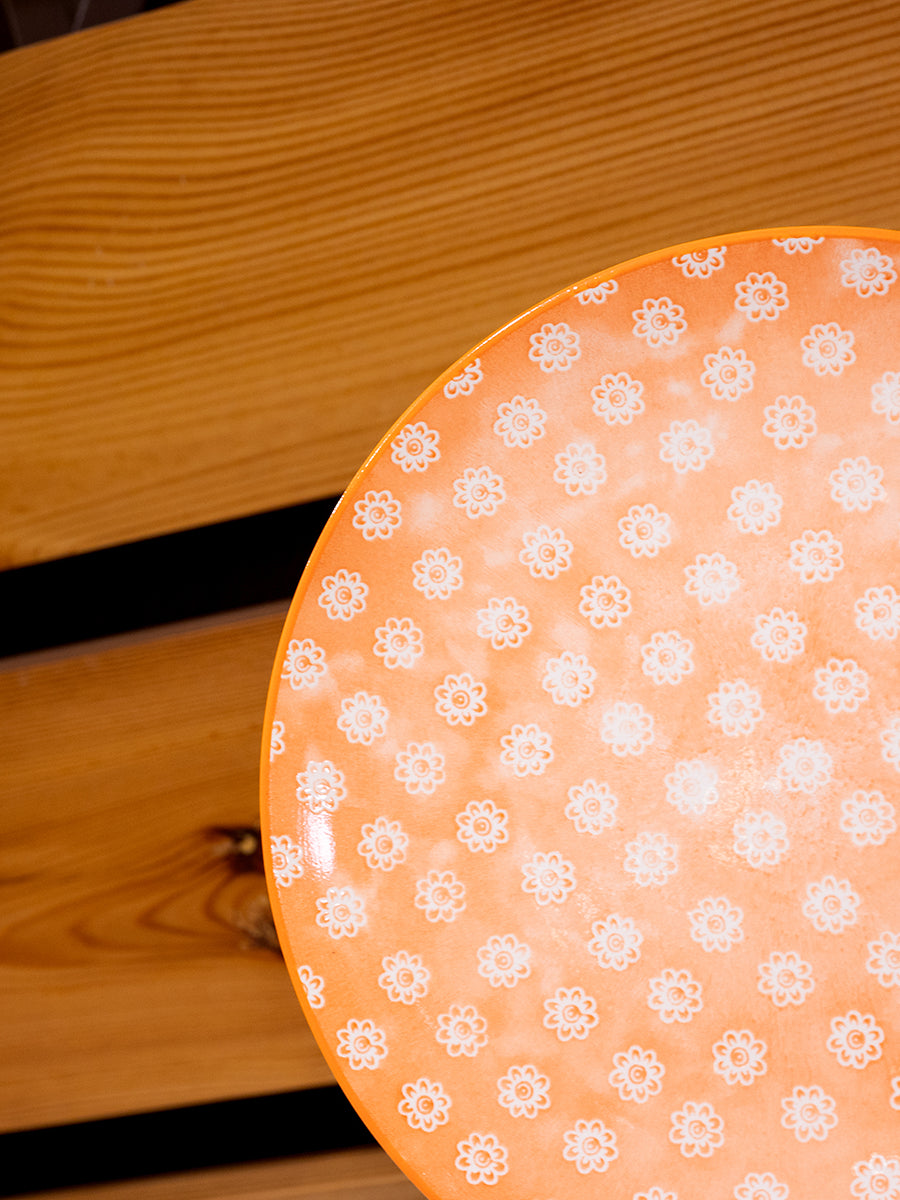 Stoneware Plate w/ Floral Pattern, Orange
