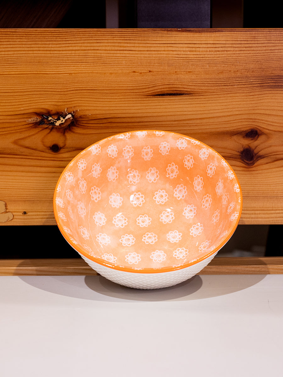 Stoneware Bowl w/ Floral Pattern, Orange