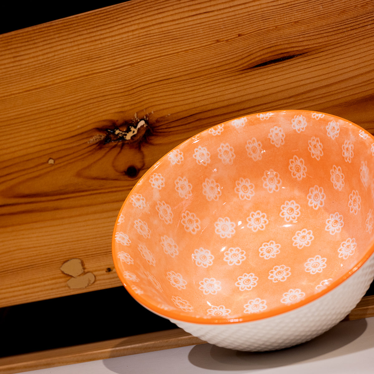 Stoneware Bowl w/ Floral Pattern, Orange