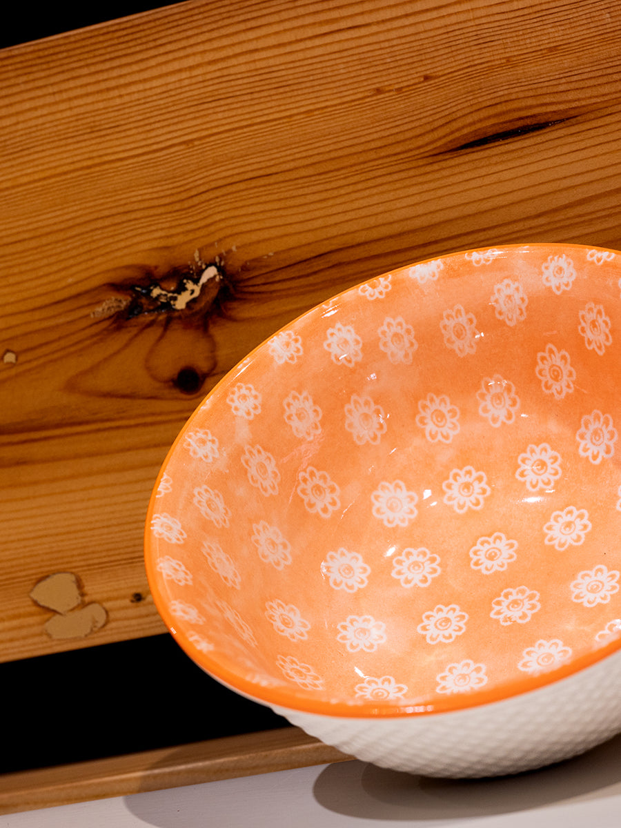 Stoneware Bowl w/ Floral Pattern, Orange