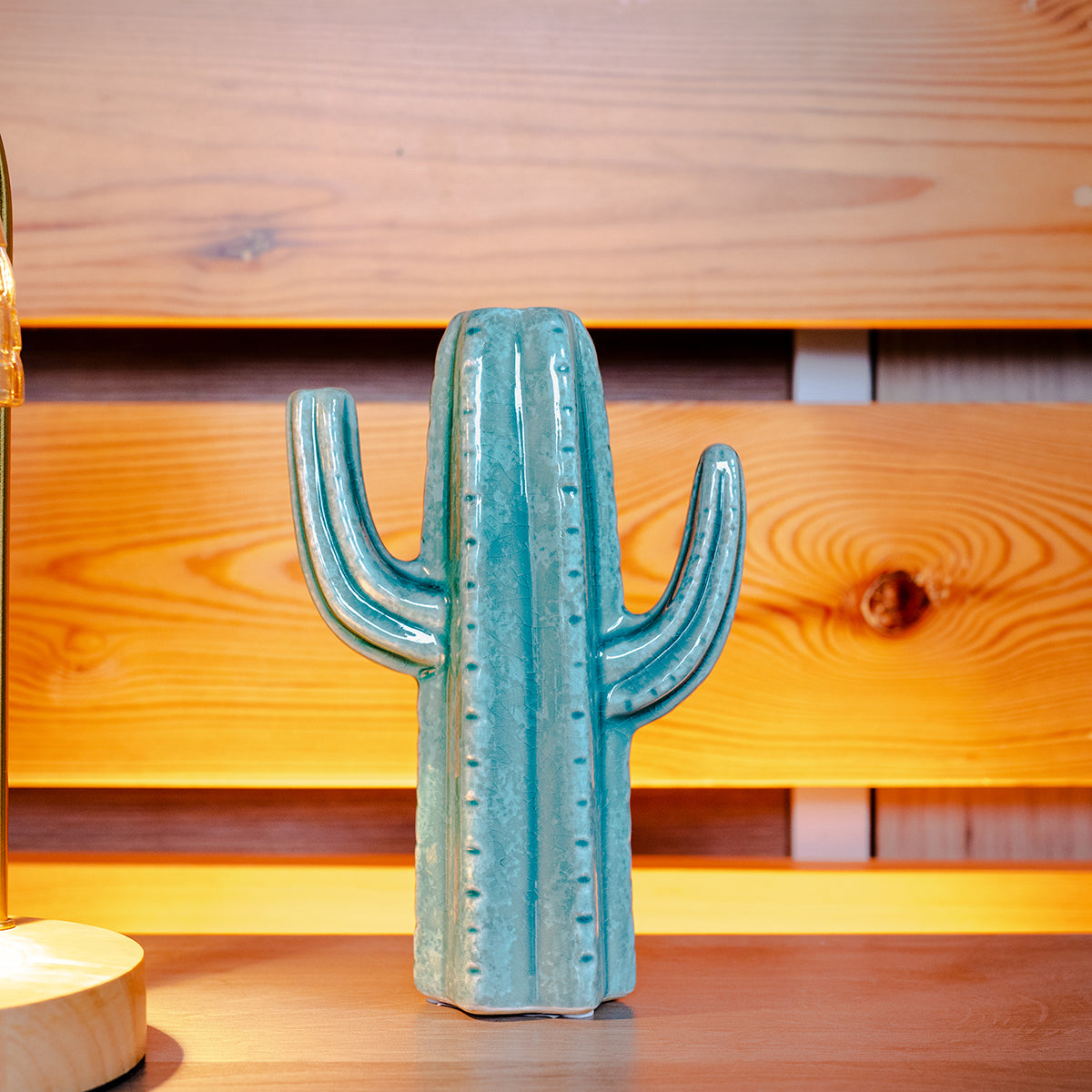 Stoneware Cactus Vase, Aqua