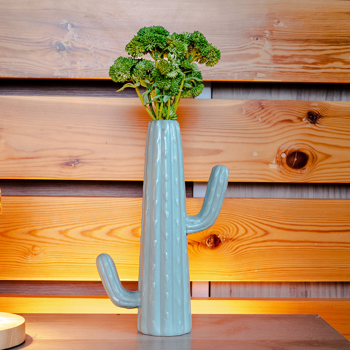 Stoneware Cactus Shaped Vase, Matte Aqua Glaze