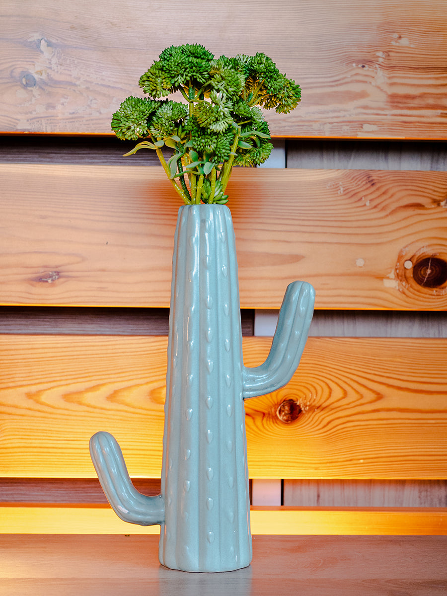 Stoneware Cactus Shaped Vase, Matte Aqua Glaze
