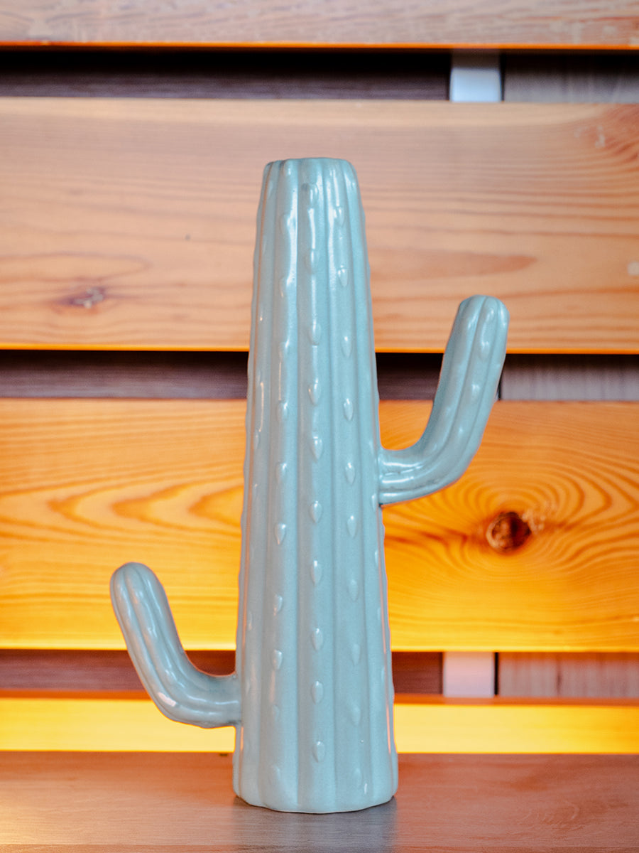 Stoneware Cactus Shaped Vase, Matte Aqua Glaze