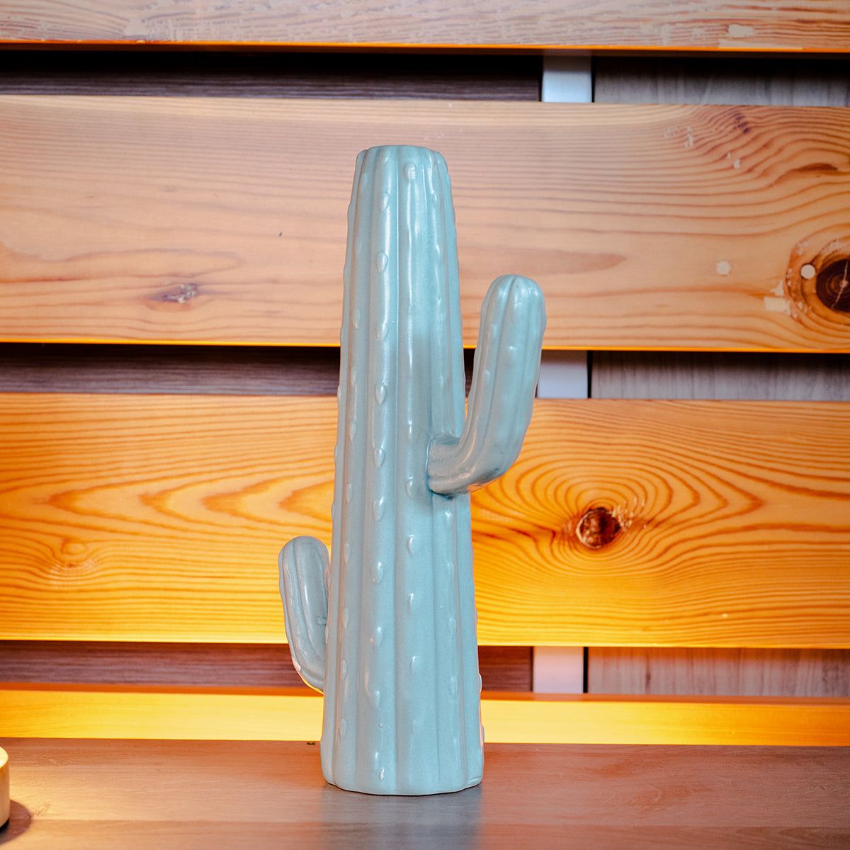 Stoneware Cactus Shaped Vase, Matte Aqua Glaze