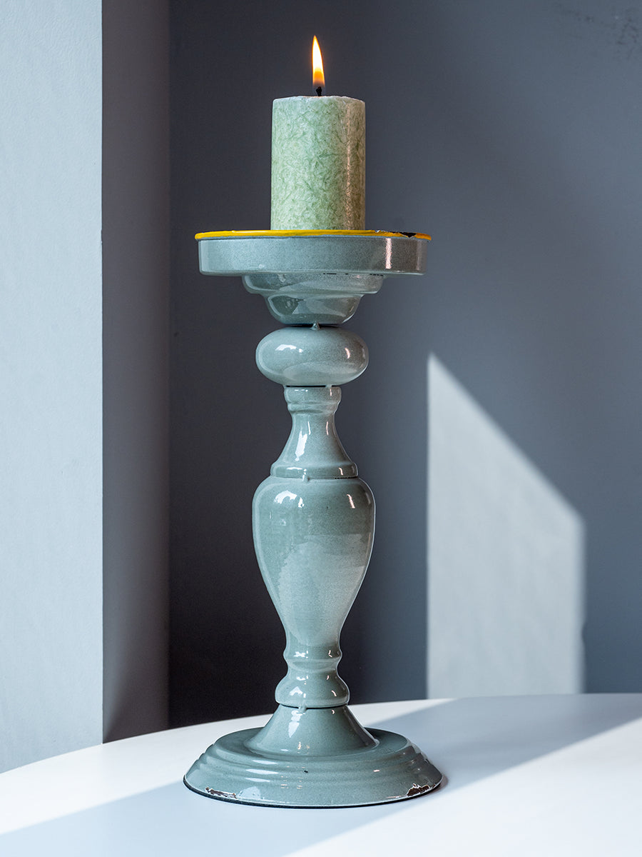 Metal Candle Holder, Grey w/ Yellow Rim, Small