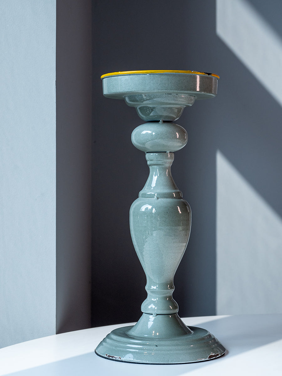 Metal Candle Holder, Grey w/ Yellow Rim, Small