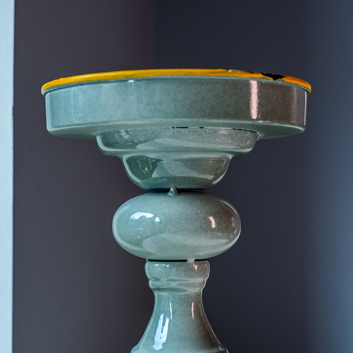 Metal Candle Holder, Grey w/ Yellow Rim, Small